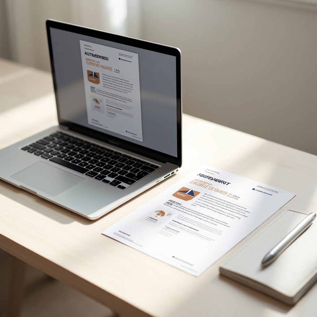Branded SEO audit PDF report mockup shown on a laptop and printed page