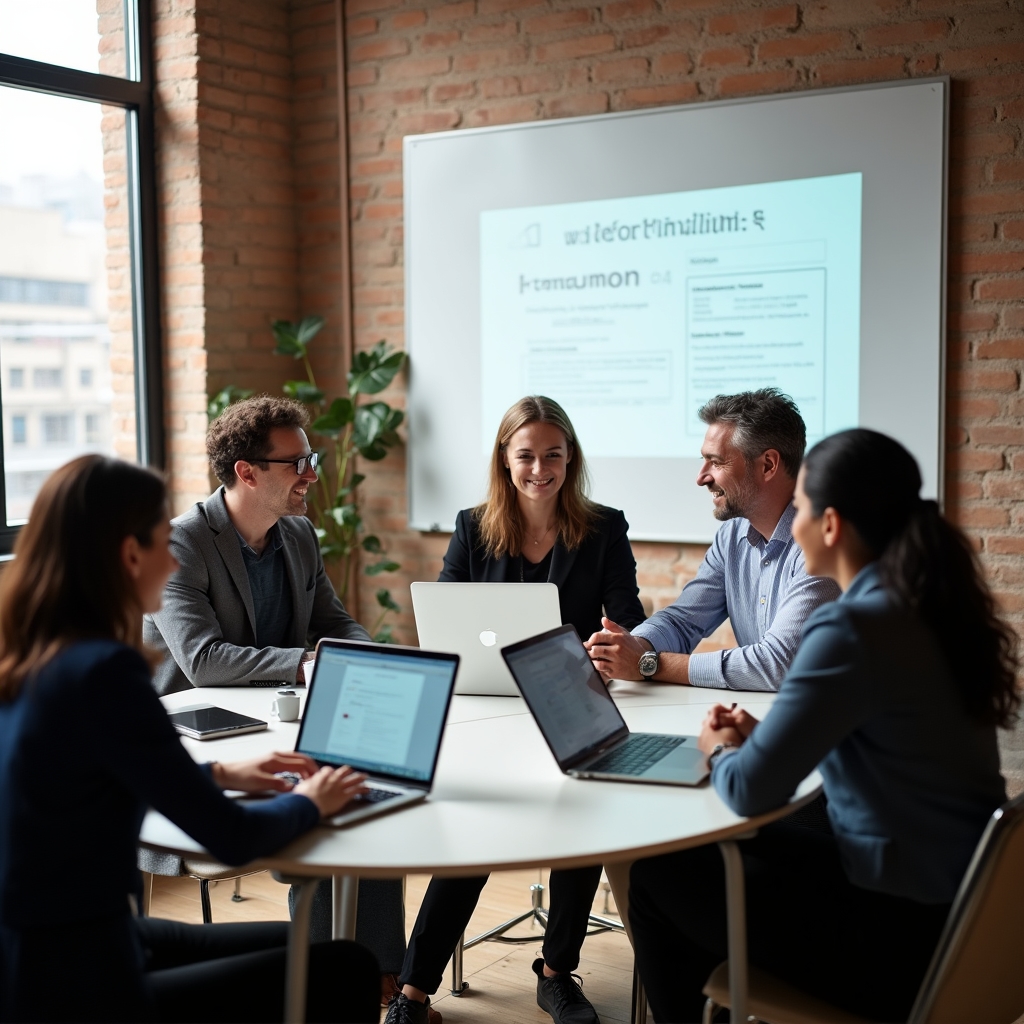 Small group of professionals attending an onboarding session around a laptop